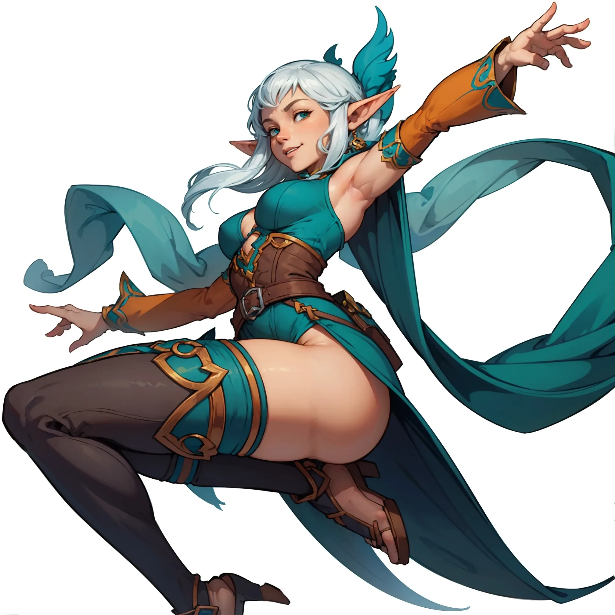 Joyful cartoon fantasy elf girl jumping with a floating scarf in green and cyan colors