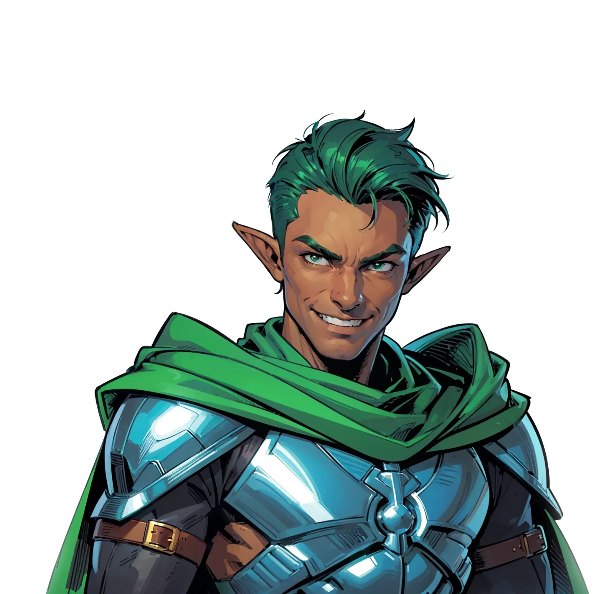 Evil smile cartoon fantasy elf paladin posing in shiny armor with green and cyan tones