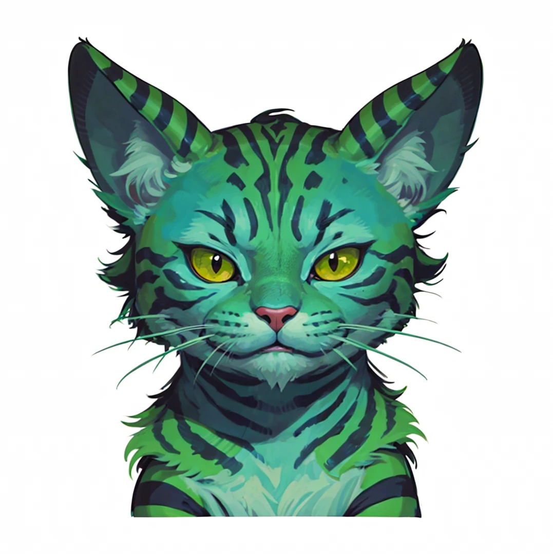 Green cat in a cartoon fantasy style looking into the camera, character portrait design