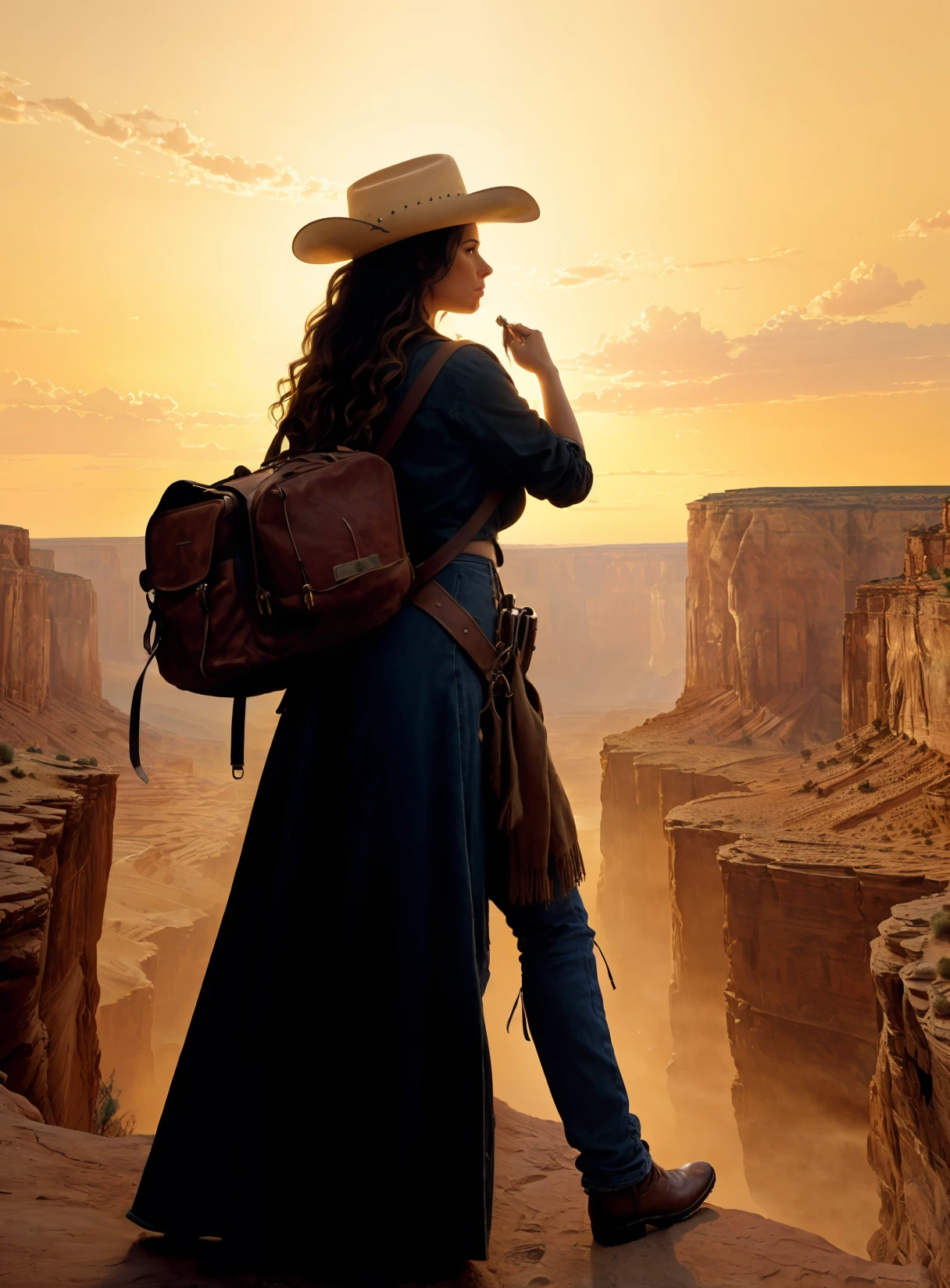 Epic photography pose of a cowgirl with an orange canyon background
