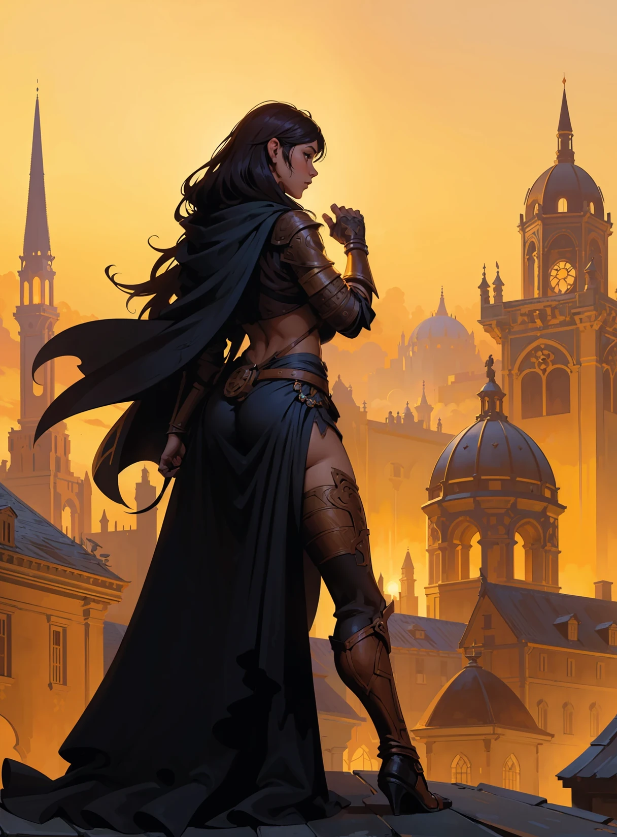 Fantasy female character from behind with a closed fist, in a gothic D&D city with orange fog