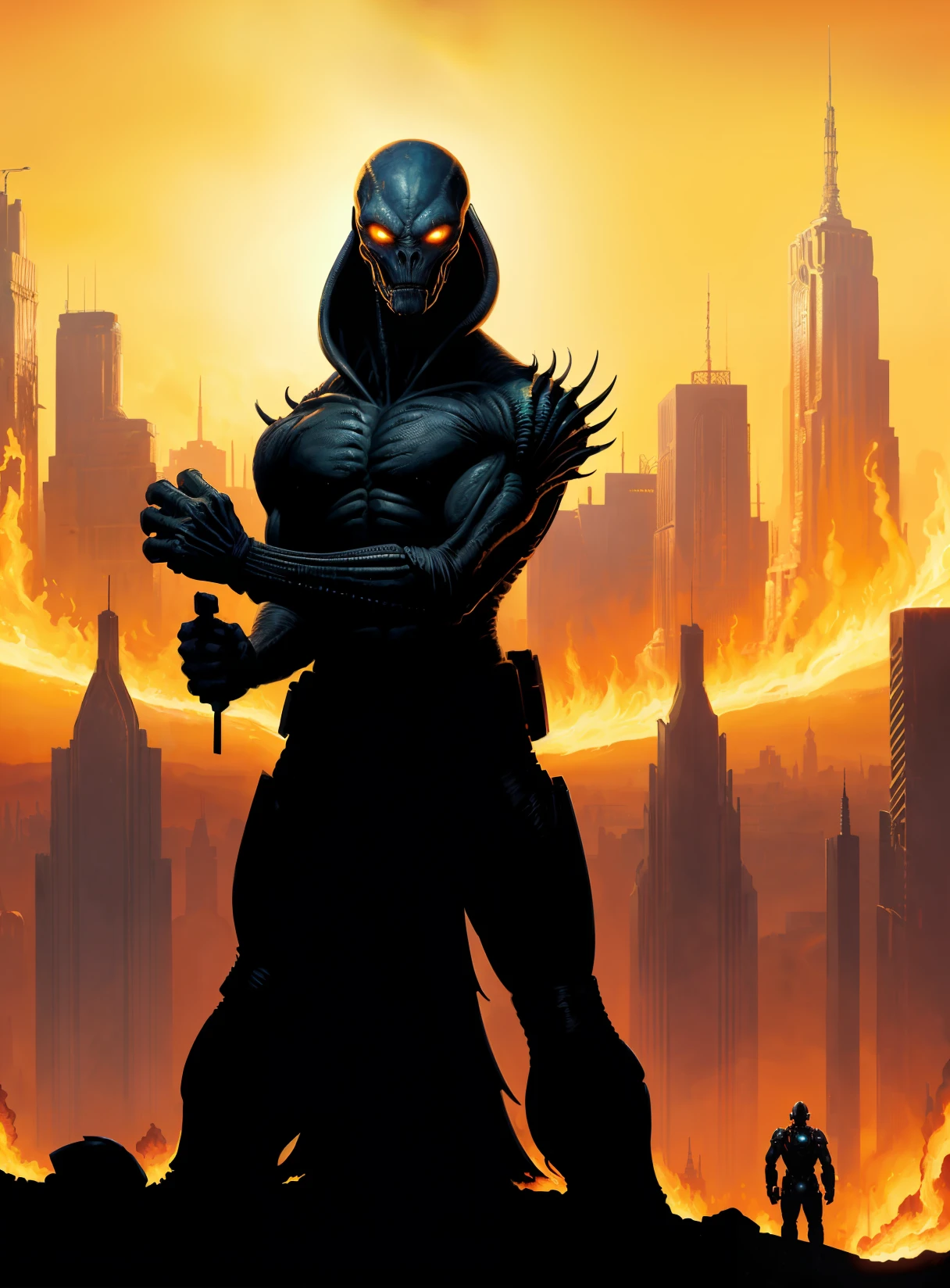 Menacing alien posing in front of a city on fire with orange and red tones