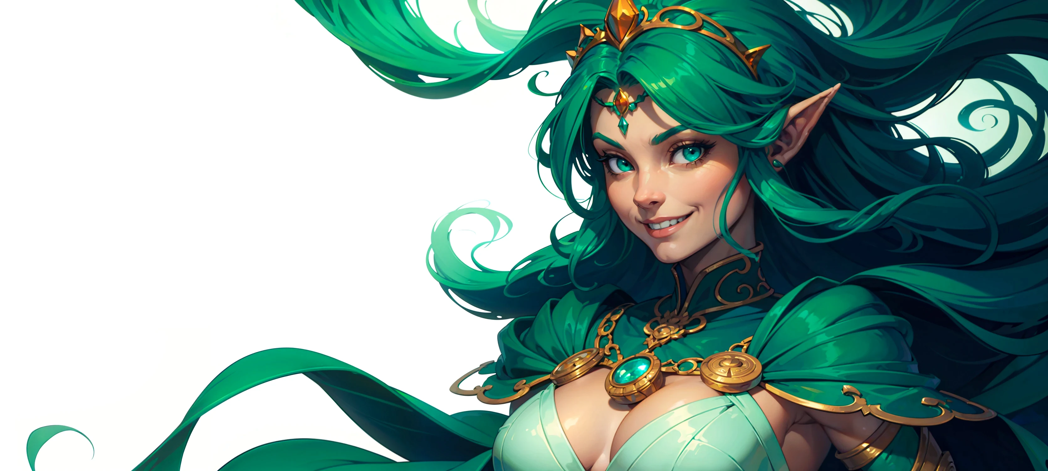 Smiling green elf woman in a hero section illustration with an empty white background