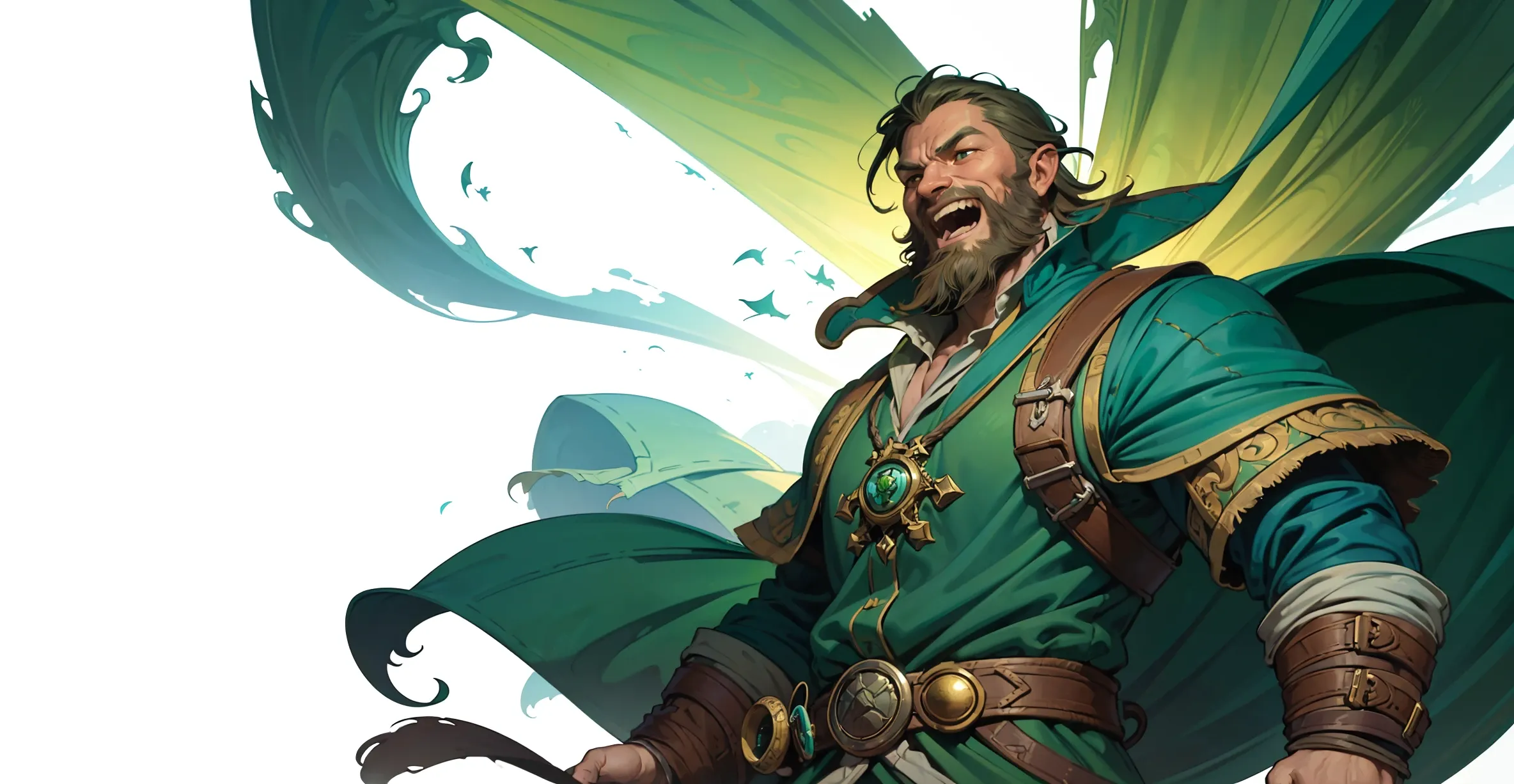 Green pirate warlord laughing in an epic way, fantasy theme, white empty background