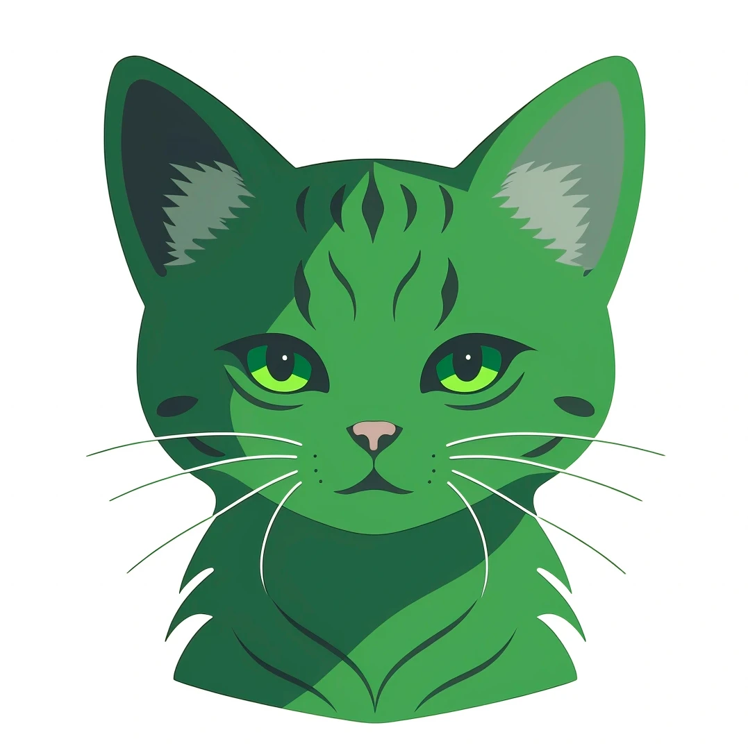 Minimal geometric art of a green cat looking into the camera, character portrait design