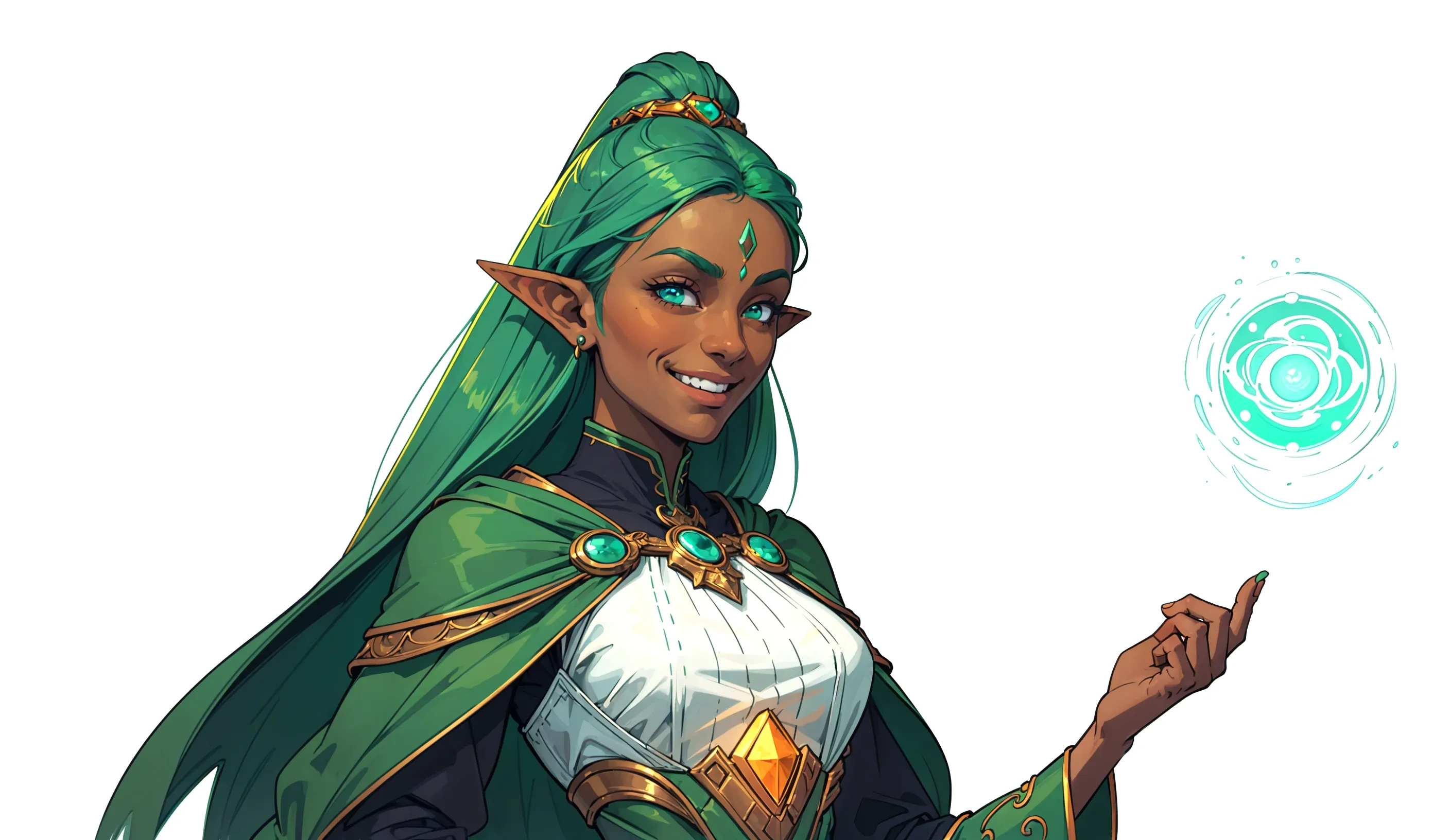 Green hair, dark skin witch in a playful grin, privacy section illustration