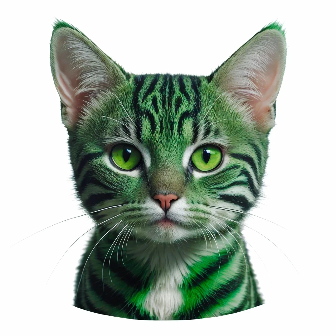 Realistic photography of a green cat looking into the camera, character portrait design